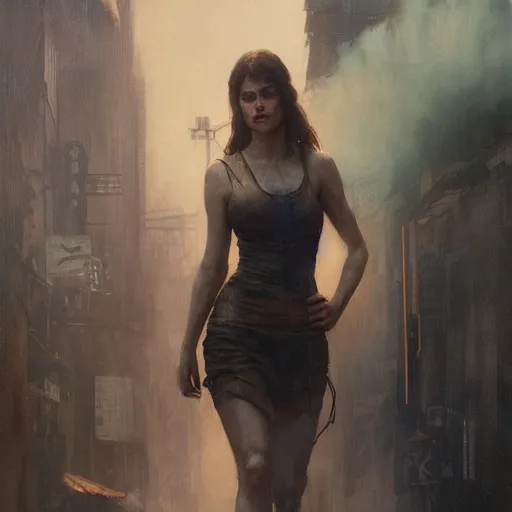 Image similar to alexandra daddario, hyperrealistic portrait, bladerunner street alley, art of elysium by frank frazetta and by jeremy mann and by alphonse mucha, fantasy art, photo realistic, dynamic lighting, artstation, full figure poster, volumetric lighting, very detailed face, 4 k, award winning