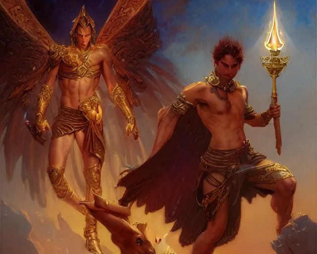 Image similar to attractive male deity, casting demonic magic, summoning handsome lucifer morning star. highly detailed painting by gaston bussiere, craig mullins, j. c. leyendecker 8 k