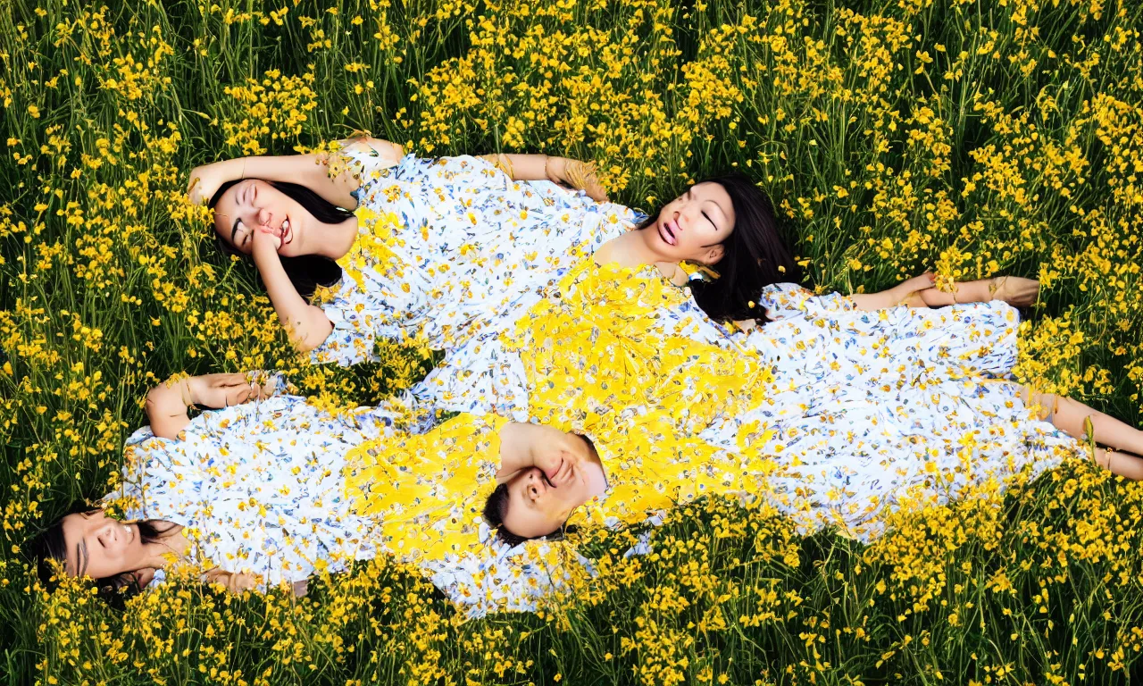 Image similar to a beautiful Asian woman lying in a field of wildflowers, wearing a yellow and white sun dress, close, dreamy