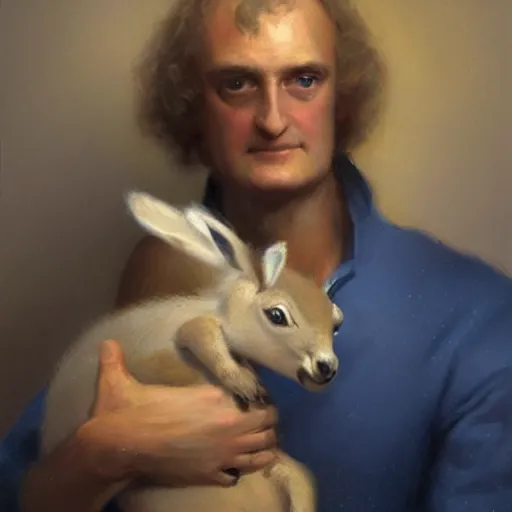 Image similar to portrait of isaac newton holding a baby kangaroo, artwork by gaston bussiere, craig mullins, trending on artstation