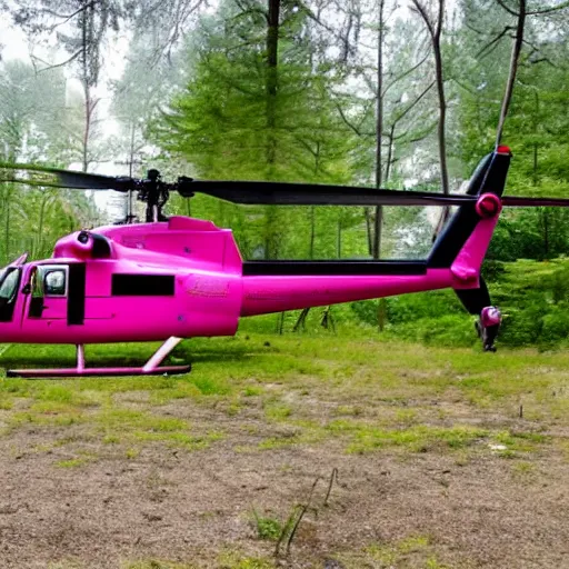 Prompt: a pink attack helicopter that is landed on a helipad in the middle of the forest, post-apocalyptic setting,
