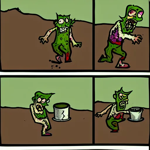 Image similar to a zombie puts out a bowl of soup as a trap for adventurers looking to loot his fake corpse, but they walk right past it and into a pitfall while he laughs at them from behind the bushes