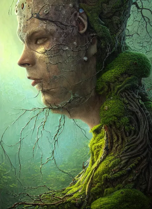 Image similar to Portrait of an Ancient Robot with a tree growing out of its head, patches of moss, translucent leaves, extremly detailed digital painting, in the style of Tomasz Alen Kopera and Fenghua Zhong and Peter Mohrbacher, mystical colors, rim light, beautiful lighting, 8k, stunning scene, raytracing, octane, trending on artstation