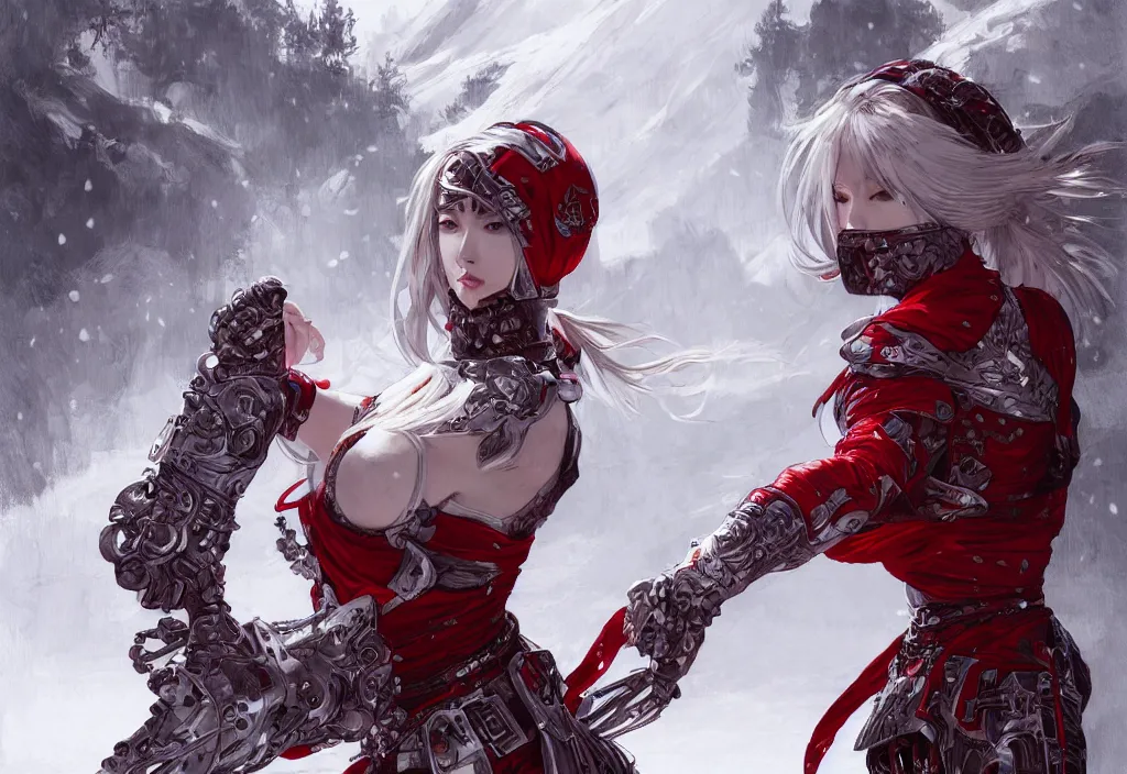 Image similar to portrait attractive ninja gaiden girl, armored white and red ninja wardrobe, at snowy fuji mountain, ssci - fi and fantasy, intricate and very very beautiful, detailed, digital painting, artstation, concept art, smooth and sharp focus, illustration, art by tian zi and wlop and alphonse mucha