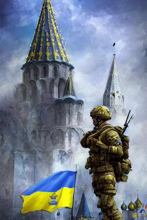 Image similar to special forces soldier raising ukrainian blue and yellow flag, kremlin st. basil cathedral in the background, masculine figure, d & d, fantasy, bright atmosphere, volumetric lights, intricate, elegant, extremely detailed, digital painting, artstation, concept art, matte, smooth, sharp focus, hyper realistic, illustration, art by artgerm and greg rutkowski and alphonse mucha