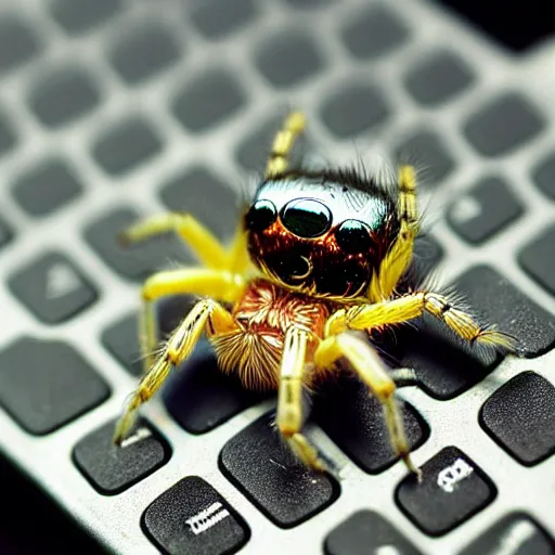 Image similar to a jumping spider using a shrunk computer keyboard, by pixar, macro lens, iridescent, style plate