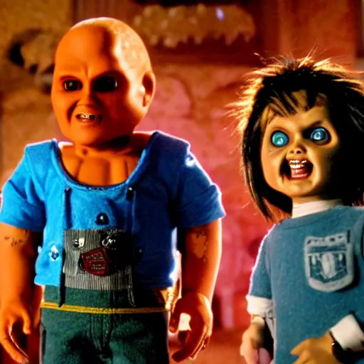 Image similar to stunning awe inspiring bill and ted's excellent adventure versus chucky the killer doll, movie still 8 k hdr atmospheric lighting