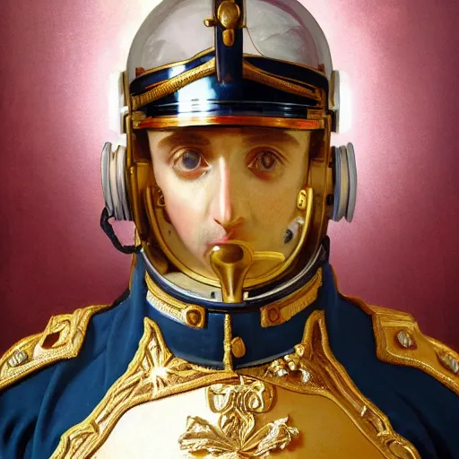 Prompt: portrait of divine emperor napoleon bonaparte, handsome, astronaut, glass visor, oxygen mask cannula, dieselpunk steampunk napoleonic french baroque, metal shoulder pauldrons, intricate, highly detailed, digital painting, artstation, concept art, sharp focus, cinematic lighting, illustration, art by artgerm and greg rutkowski, alphonse mucha, cgsociety