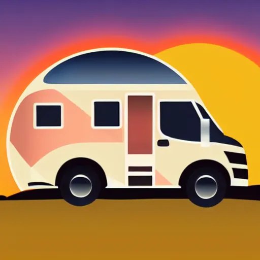 Prompt: stylized minimal vector graphic of a cute class c motorhome driving on a hill in the sunset, all enclosed in a circle, professional minimal graphic design