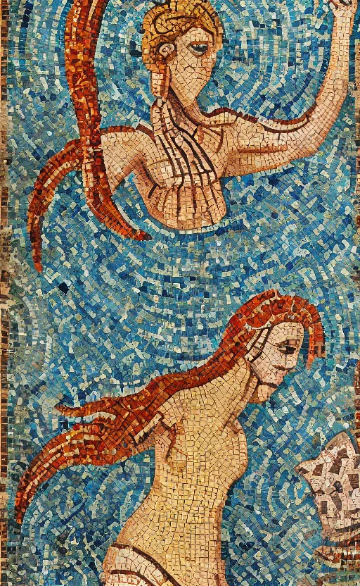 Image similar to ancient roman mosaic of beautiful gingerhead mermaid with long tail, dolphins, fishes stylised, symmetrical, minimal, octane, dynamic light