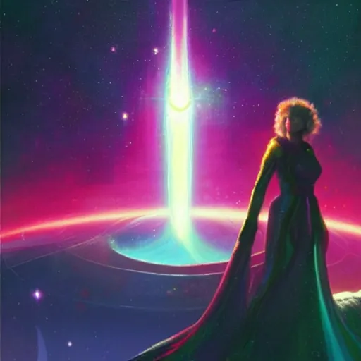 Prompt: epic illustration of Scarlett Johansson as a beautiful space wizard by Paul Lehr, detailed, space opera, screen print,