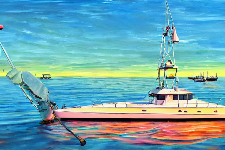 Image similar to A painting of a Sport fishing yacht with tuna tower at sunrise trolling along a well defined weed line, inspired by Guy Harvey, digital art, insanely detailed, hyper detailed photorealistic, ambient lighting, award winning, stunning