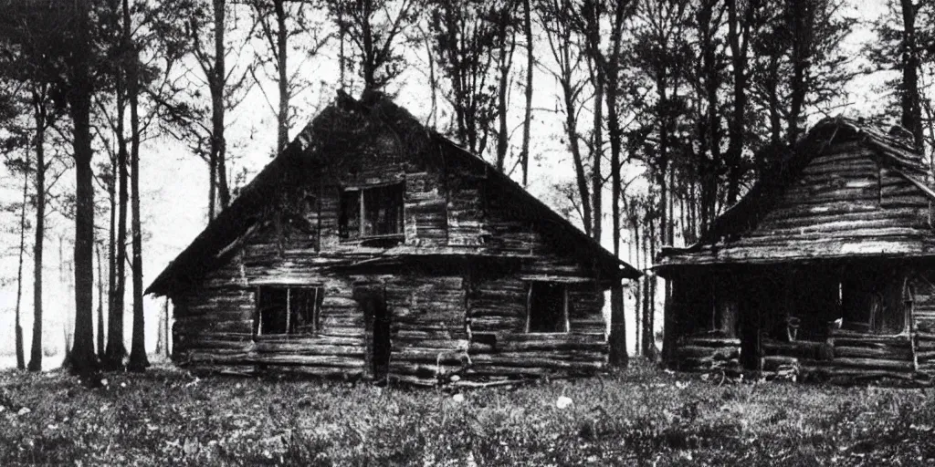 Prompt: abandoned and partially broken down wooden house in an ominous forest, 1 9 0 0 s photography
