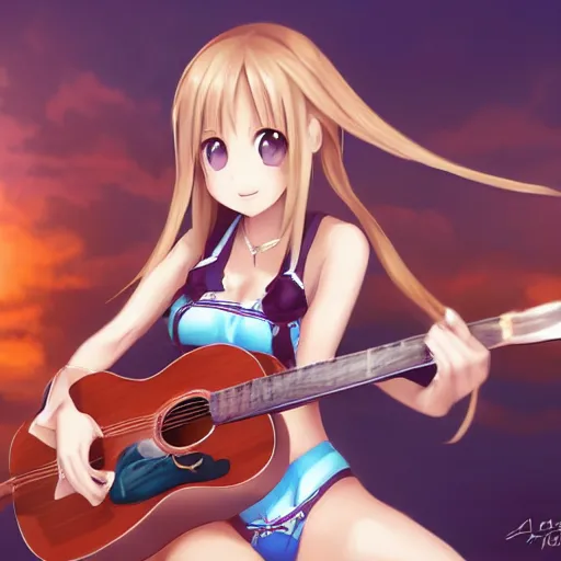 Image similar to a cute little yuuki asuna playing guitar, full body, long wavy blond hair, sky blue eyes, full round face,, bikini, miniskirt, front view, mid - shot, highly detailed, cinematic wallpaper by stanley artgerm lau