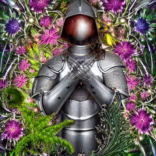 Image similar to a male knight, stern face, clear eyes, in a dark forest, shining armour made of steel and flowers, and fractal flowery hair in a fractal garden, glowing delicate flower, berries and ferns that grow in a dark fantasy forest, full frame,