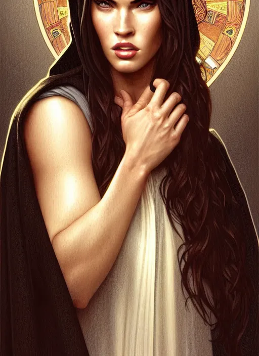 Image similar to portrait of megan fox as a sultry nun, catholic, church, bible, christian, intricate, headshot, highly detailed, digital painting, artstation, concept art, sharp focus, cinematic lighting, illustration, art by artgerm and greg rutkowski, alphonse mucha, cgsociety