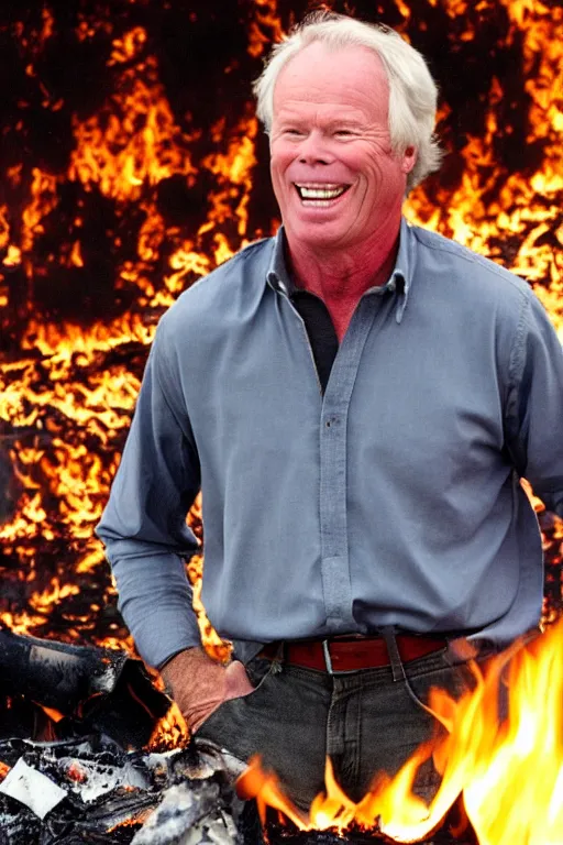 Image similar to kevin tighe floating off the ground above a burning garbage fire laughing