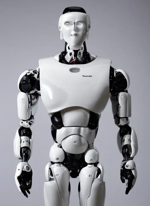 Image similar to 'futuristic blanco ceramic humanoid robot macho guapo with a handsome face and muscular body'