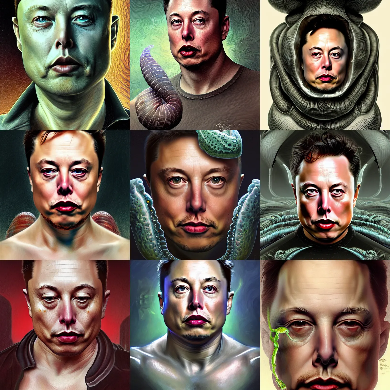 Image similar to hyperrealistic cell shaded por! dream elon musk as mollusk, slime, drool, portrait, intricate, elegant, highly detailed, digital painting, artstation, concept art, wallpaper, smooth, sharp focus, illustration, art by h. r. giger and artgerm and greg rutkowski and alphonse mucha