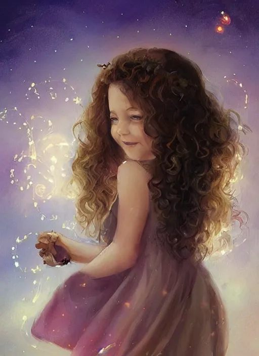 Prompt: A cute little girl with shoulder length curly brown hair with a happy expression wearing a summer dress dancing with fireflies, she is in the distance. beautiful fantasy art by Charlie Bowater.