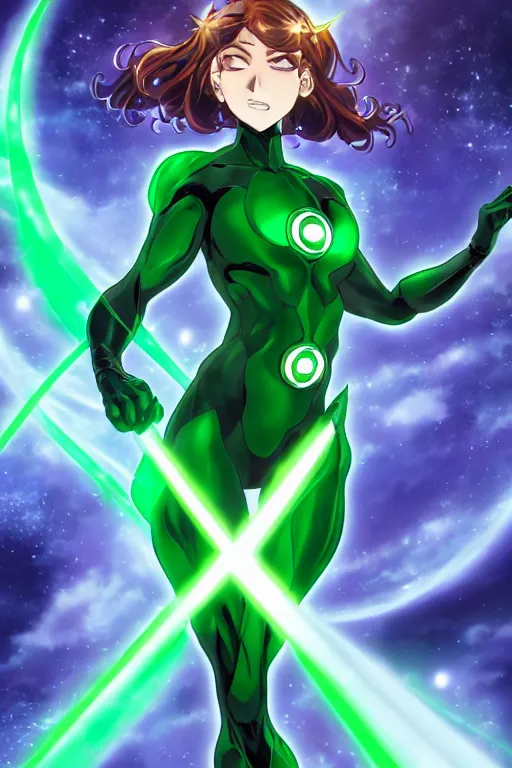 Image similar to anime key visual of a beautiful female green lantern, intricate, glowing accents, powers, glowing ring, speed, goddess, dc comics, cinematic, stunning, highly detailed, digital painting, artstation, smooth, hard focus, illustration, character concepts by senior concept artist