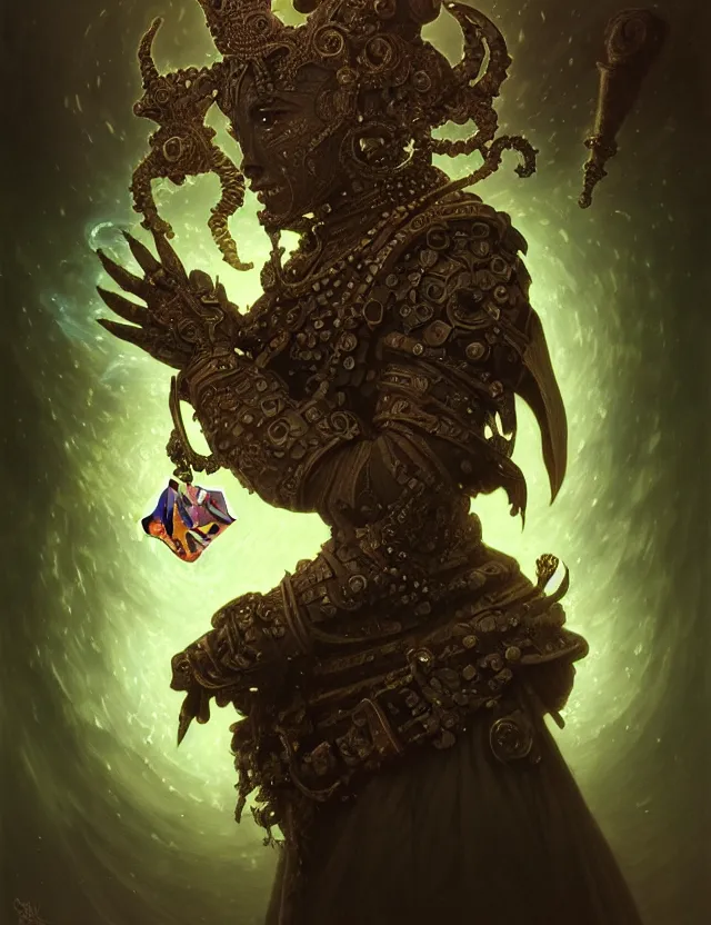 Image similar to front shot of a court jester character, hyperdimensional, bioluminescent hypercubes, dark holography!!!, (((intricate))), elegant, highly detailed, centered, (((artstation, concept art, smooth, sharp focus, artgerm, Tomasz Alen Kopera, Peter Mohrbacher, donato giancola, Joseph Christian Leyendecker, WLOP, Boris Vallejo))), mugshot!!!!!, ugly!!!!!!, octane render, nvidia raytracing demo, octane render, nvidia raytracing demo, octane render, nvidia raytracing demo, grainy, muted, 8K, digitalblasphemy, metatron