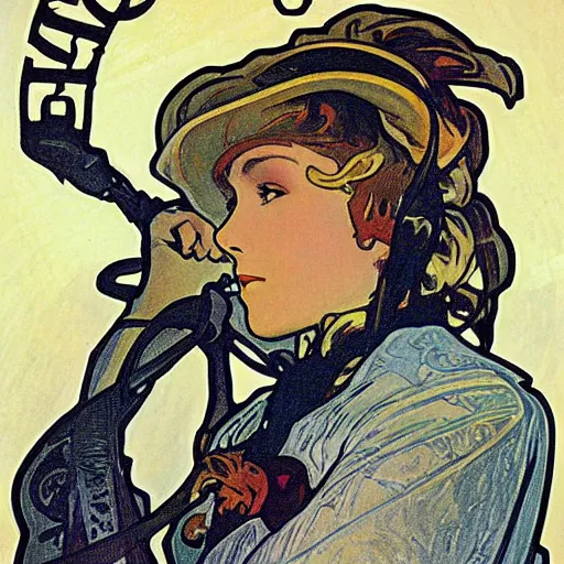 Prompt: airship pilot, painted by alphonse mucha