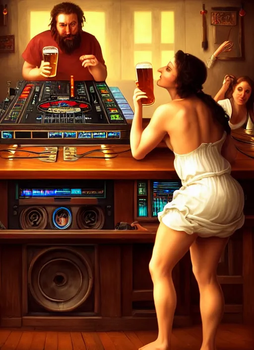 Image similar to image of large pint of beer and large technics dj table front of picture, in the backround man and a woman from octoberfest, dark backround, highly detailed, digital illustration, trending in artstation, modern painting, smooth, sharp focus, intricate, einar jonsson and bouguereau
