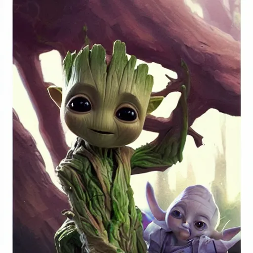 Prompt: Cute Elven baby Groot and Yoda by Greg Rutkowski, asymmetrical, Organic Painting , Matte Painting, geometric shapes, hard edges, street art, trending on the artstation, realistic:2 by Sachin Teng:4
