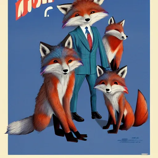 Image similar to realistic movie poster, featuring in anthropomorphic blue male foxes dressed cool, promotional movie poster print