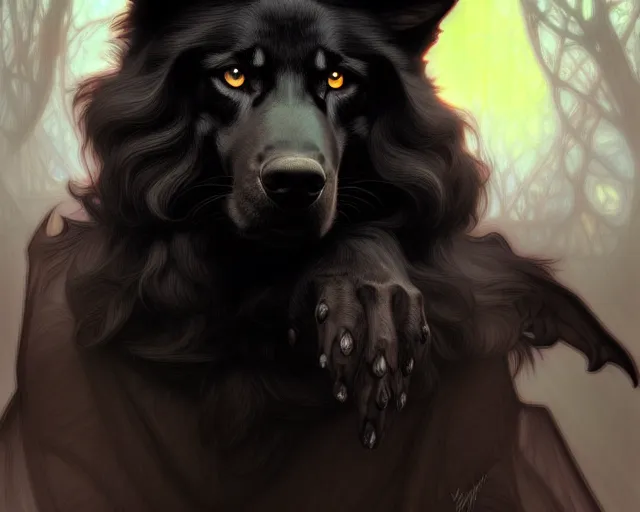 Prompt: barghest, portrait, highly detailed, deep focus, elegant, digital painting, smooth, sharp focus, illustration, ultra realistic, 8 k, art by artgerm and alphonse mucha and edgar maxence