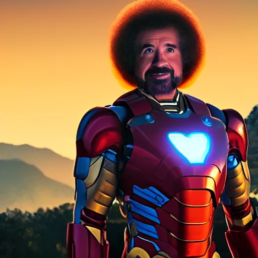 Image similar to a still of Bob Ross as Ironman. Magic Hour. Professional photography, 4K. Mood