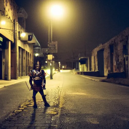 Image similar to empty street, aztec warrior, portrait, at night, by addy campbell, cinematography by quetzalcoatl