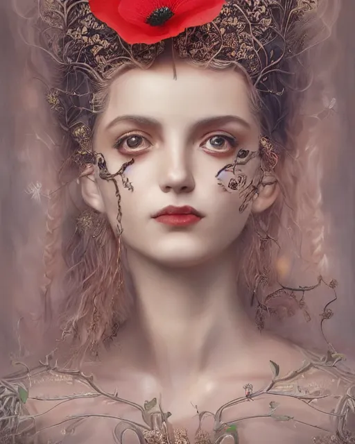 Image similar to portrait of a gorgeous young poppy queen, uniquely beautiful, surreal, fantasy, ornamental, intricate, elegant, dramatic lighting, emotionally evoking symbolic metaphor, highly detailed, lifelike, photorealistic, digital painting, artstation, concept art, smooth, sharp focus, illustration, art by John Collier and Krenz Cushart and Artem Demura and Alphonse Mucha and Albert Aublet