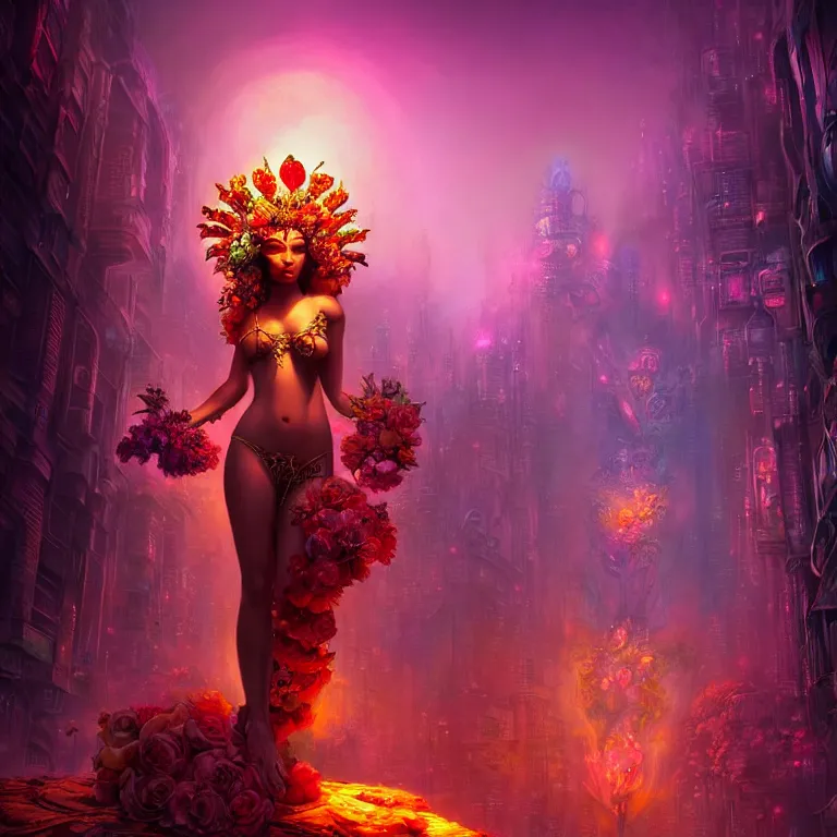 Image similar to Beautiful 3d render of the flower queen goddess in a sensual pose, atmospheric lighting, painted, intricate, volumetric lighting, beautiful, rich deep colours masterpiece, sharp focus, ultra detailed, in the style of Dan Mumford and marc simonetti, with a crowded futuristic cyberpunk city in the background, astrophotgraphy