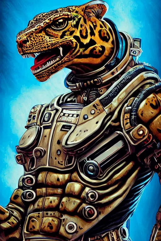 Prompt: a portrait of a muscular anthropomorphic cyberpunk leopard lizard with big head in spacesuit armor with ensignia on chest plate by sandra chevrier, by jon foster, detailed render, pistol in holster, tape deck, epic composition, cybernetics, 4 k realistic, cryengine, realistic shaded lighting, sharp focus, masterpiece, by enki bilal