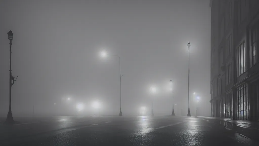 Image similar to photograph of a foggy city at night by henri prestes, 4 k resolution