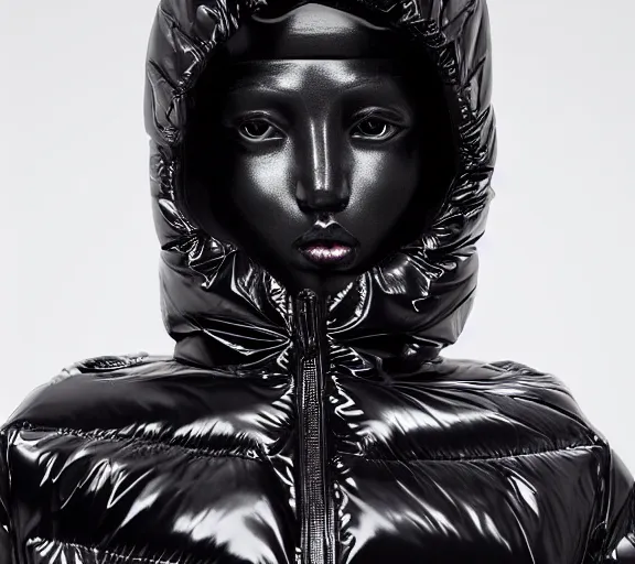 Image similar to well lit fashion shoot portrait of extremely beautiful female black marble statue wearing huge puffer jacket over size futuristic outerwear, puffer trouser, puffer jacket, puffer jacket by moncler genius, dingyun zhang, yeezy, balenciaga, vetements, sharp focus, clear, detailed, detailed, glamorous, symmetrical, vogue, editorial, fashion,