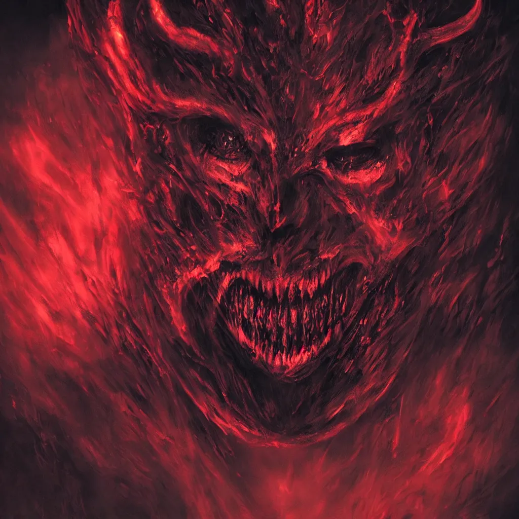 Prompt: a scary devil face with soft red color and black color with bloodshot and luminous eyes, against a hellish background with vapor and a lot of smoke, darkart, hyperdetailed, hyperealistic, cinematography, 16k, 3D, Artstation, Deviantart, very beautiful