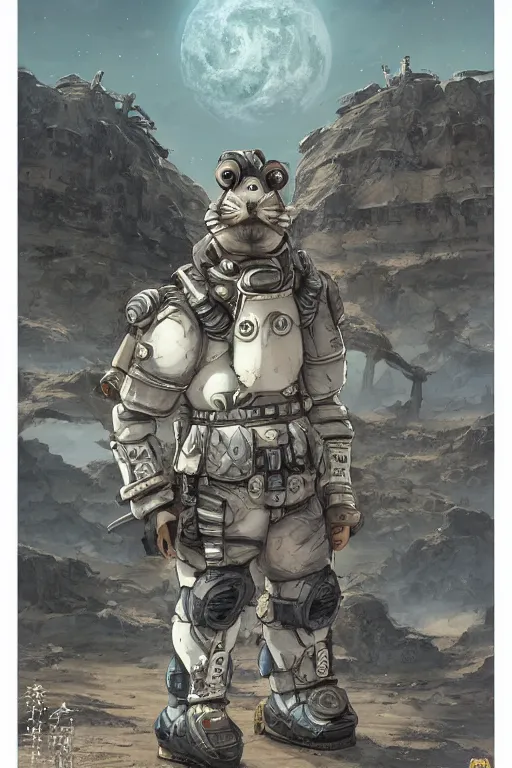 Image similar to anthropomorphic rodent with white and black ancestral ornate japanese tactical gear on an abandonment desert planet, high intricate details, long shot, rule of thirds, golden ratio, graphic novel by fiona staples and dustin nguyen, by beaststars and orange, peter elson, alan bean, studio ghibli, makoto shinkai