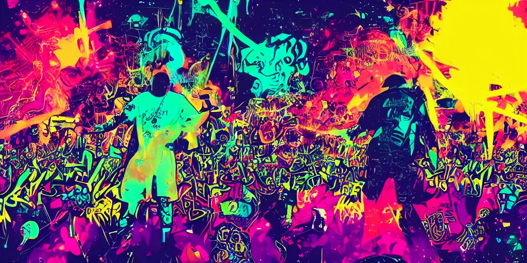 Prompt: rapping into microphone silhouetted against psychedelic lightning, silhouettes, huge crowd, digital art, vapor wave, hip hop, graffiti, trending on Artstation, professional artist, detailed, 4k