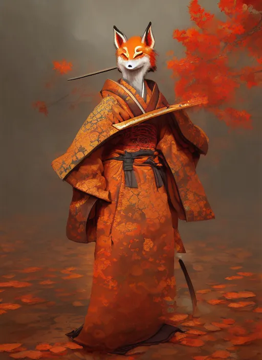 Image similar to kitsune samurai in autumn color kimono, subsurface scattering, by jesper ejsing, justin gerard, tomasz alen kopera, cgsociety and fenghua zhong, highly detailed, rim light, cinematic lighting, illustration, art, octane render, very coherent, cinematic, hyper realism, high detail, octane render, 8 k