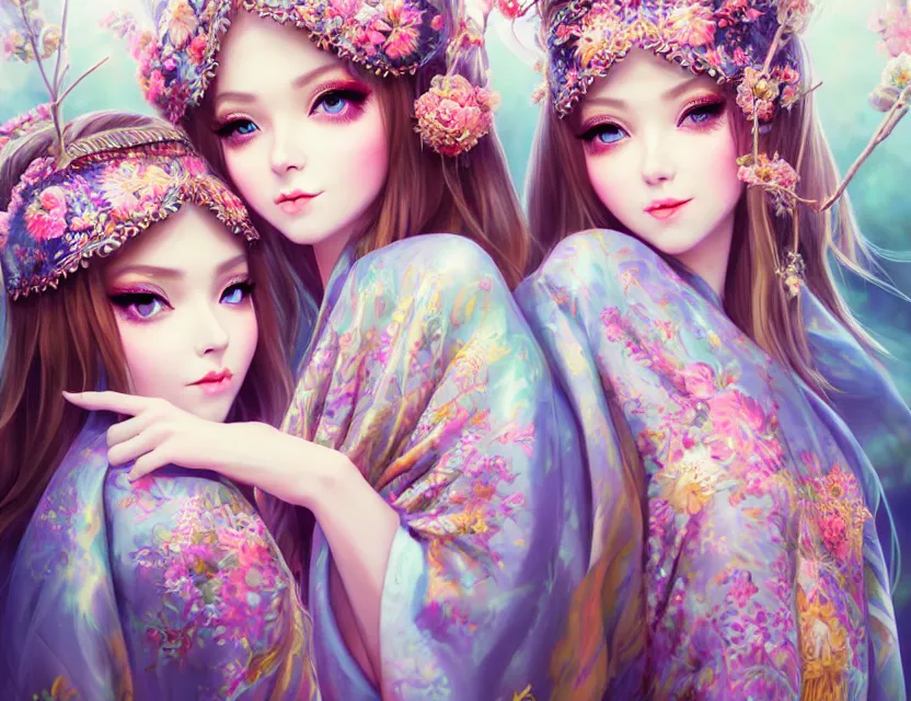 Image similar to two beautiful fashion siberian girls wear fantasy kimono in festival | | big eyes, sunny, dreamlike art, realistic shaded, smile, good looking, hyper details, 4 k realistic, cryengine, realistic shaded lighting poster by artgerm, ross tran, fuji choko, loish, 8 k resolution, trending on artstation, luxury