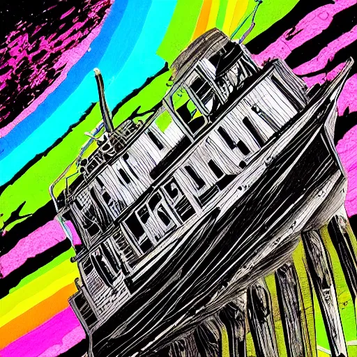 Image similar to ultra precise, asymmetric fineliner drawing of an abandoned ship in the aral sea desert, three colour ink marker pen on rainbow spattered glossy paper. bold lines, gallery quality, photorealistic, very detailed, 8 k