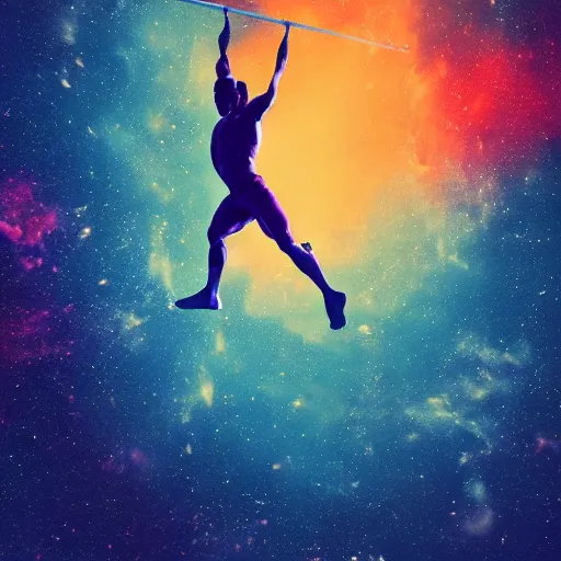 Image similar to athletic man doing a pullup using gymnastic rings, silhouette, long shot, in a cosmic nebula background, matte colors, dramatic digital art trending on artstation