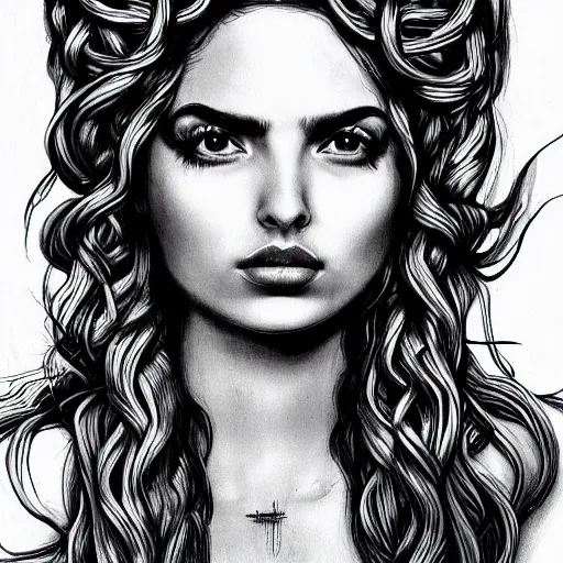 Prompt: ana de armas portrait as medusa from greek mythology, living venomous snakes in place of hair, ink drawing, trending on artstation, by alphonso dunn