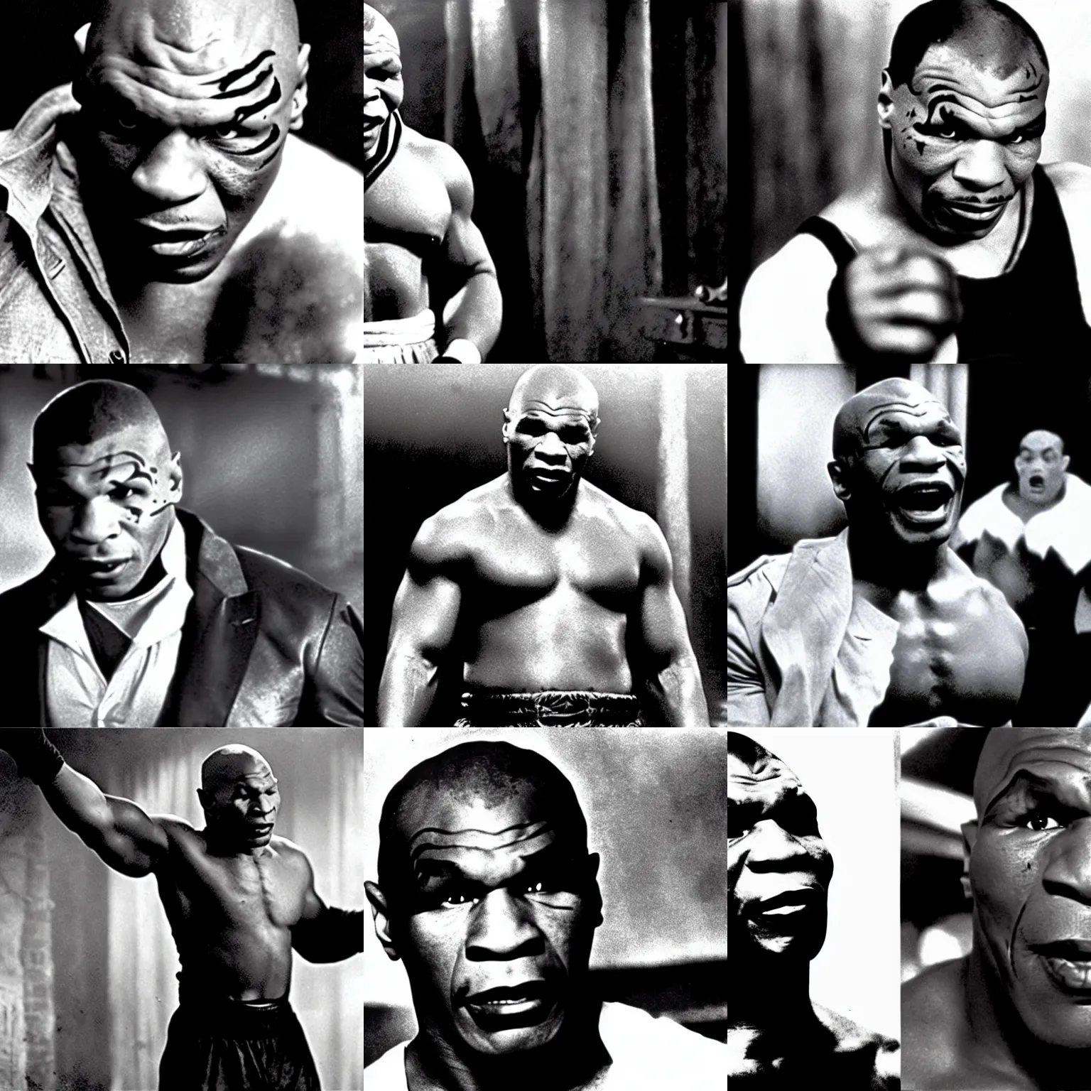 Prompt: mike tyson as the vampire, in the 1 9 2 2 film, black and white