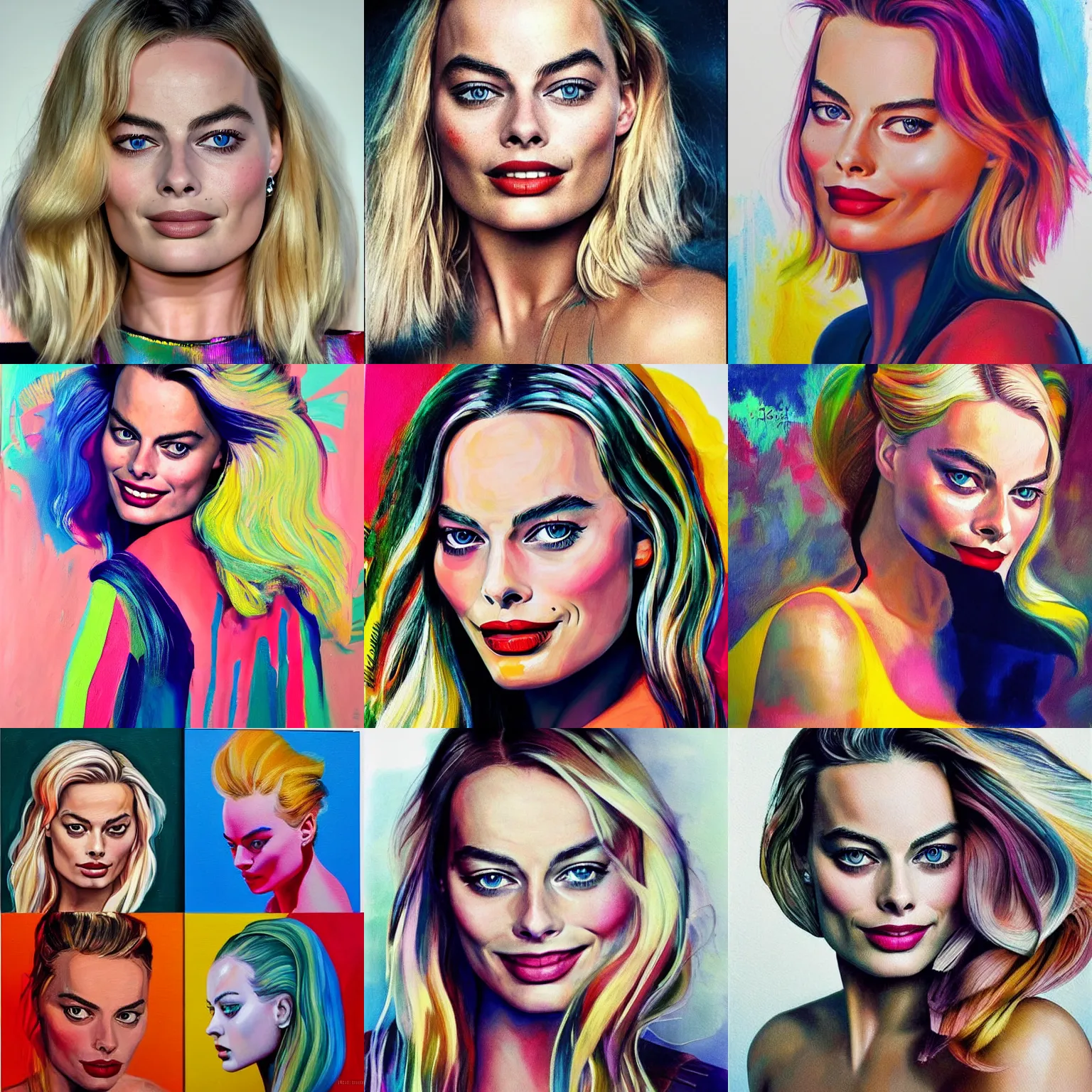 Prompt: Margot Robbie, smooth painting, art, detailed, colorful, smiling, beautiful hair, deep look, intense atmosphere