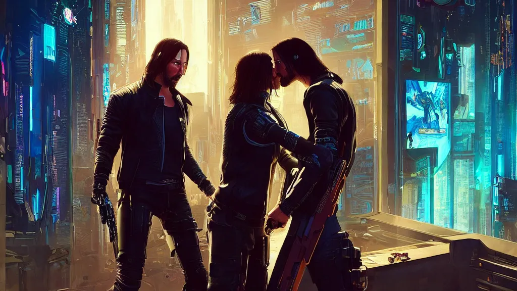 Image similar to a cyberpunk 2077 srcreenshot couple portrait of Keanu Reeves and V final kiss,love,film lighting,by Laurie Greasley,Lawrence Alma-Tadema,Andrei Riabovitchev,Dan Mumford,John Wick,Speed,Replicas,artstation,deviantart,FAN ART,full of color,Digital painting,face enhance,highly detailed,8K,octane,golden ratio,cinematic lighting