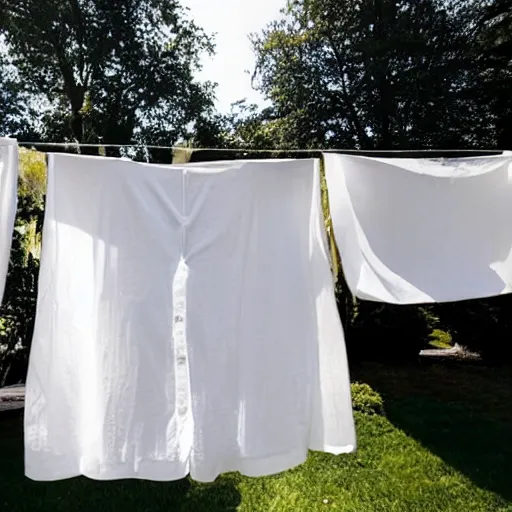 Image similar to Donald Trump hanging white linen sheets on a clothesline, sunny day